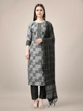 Black rayon printed kurta with embroidery and fancy lace, paired with trousers and a dupatta.