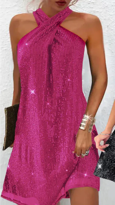 Women's Sparkling Sequin Halter Mini Dress for Party Nights - Image 6