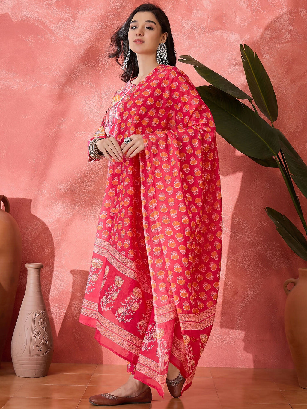 Women's Printed Pink Pure Cotton Kurta Set
