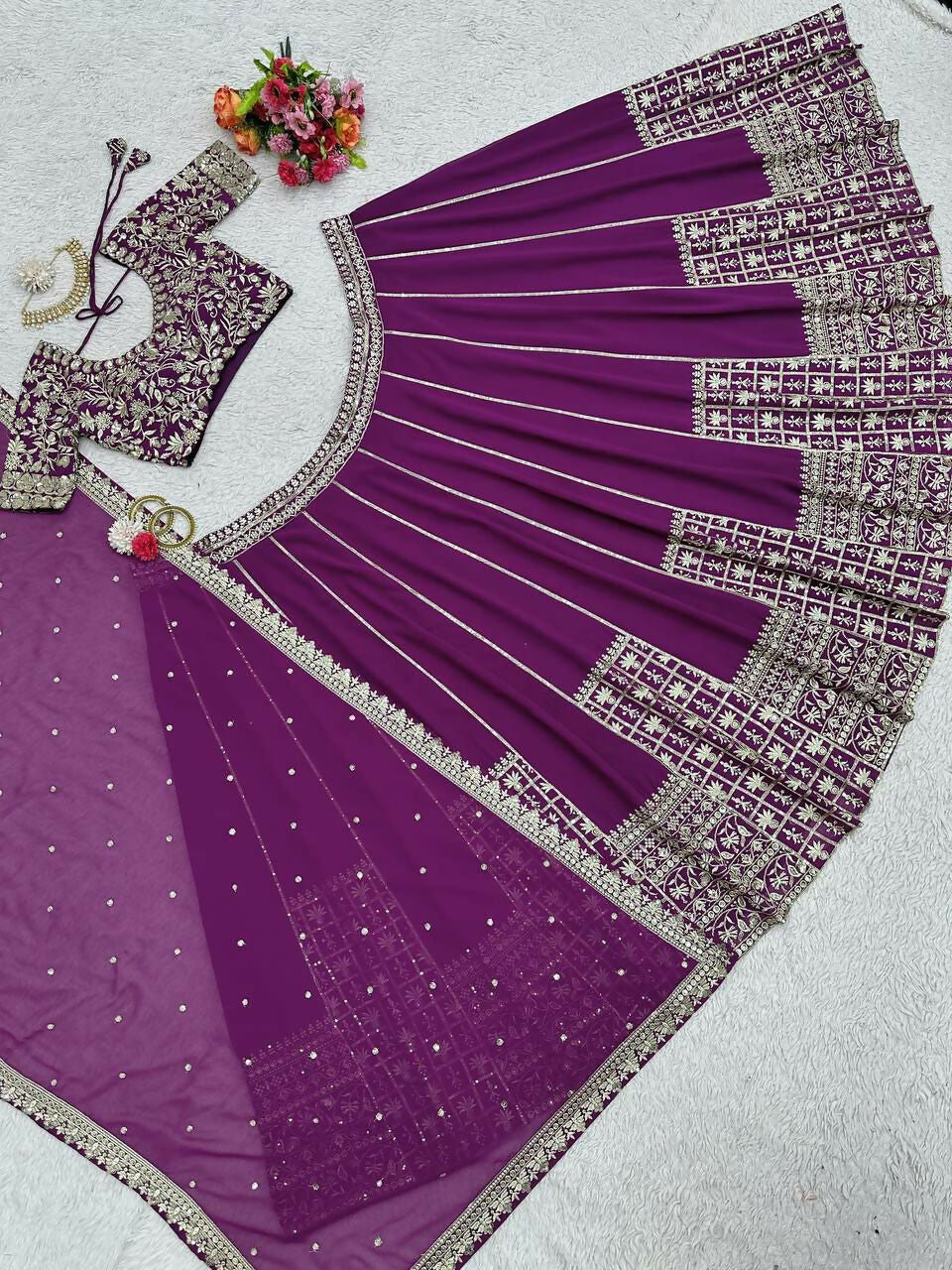 Wine Faux Georgette Sequin Embroidered Lehenga Choli Set