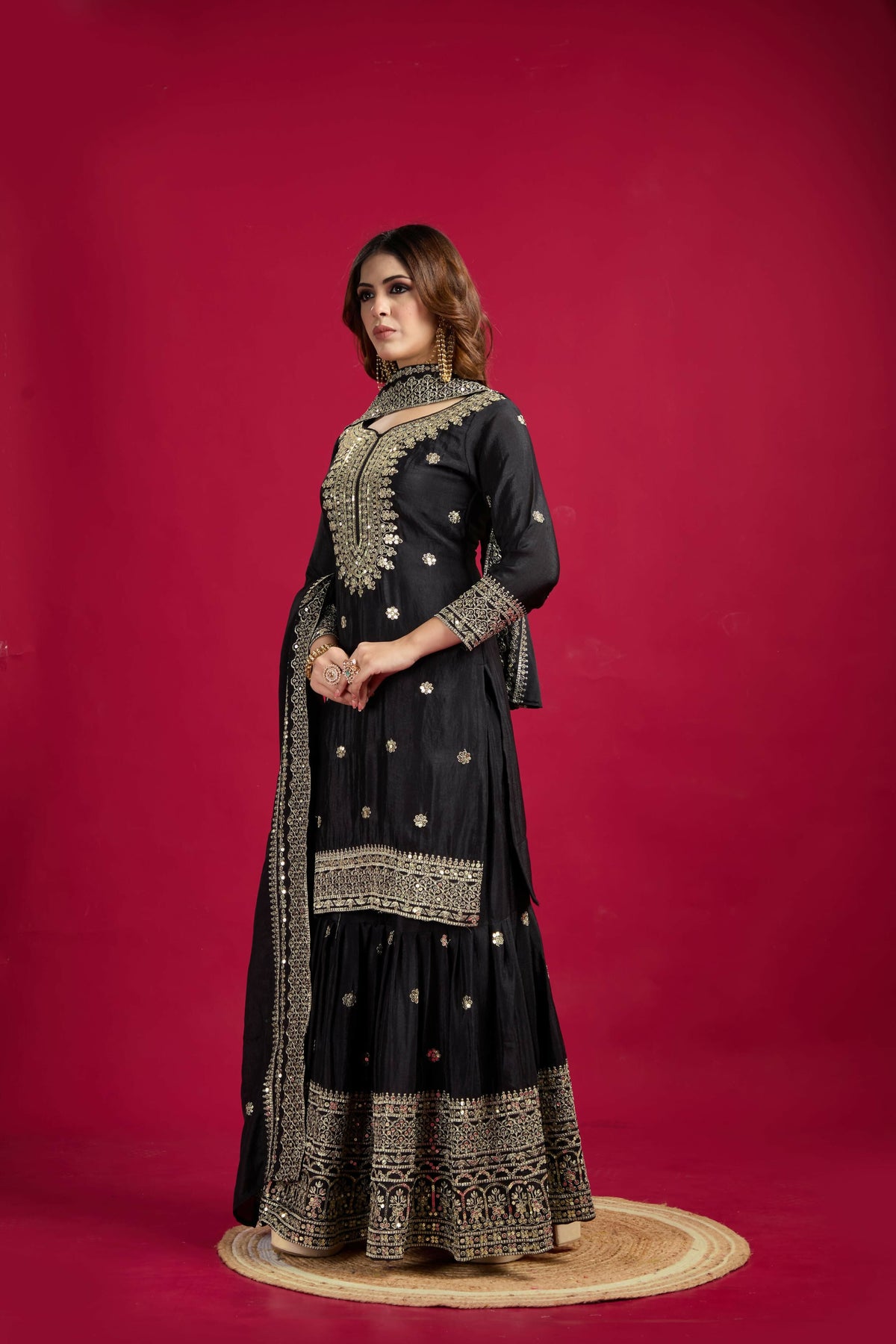 Black Silk Kurta Set with Elaborate Sequins and Zari Embroidery