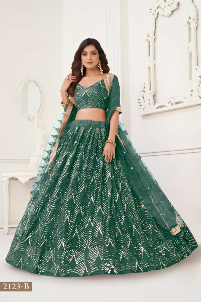 Bottle Green Butterfly Net Lehenga with Mirror and Sequence Work