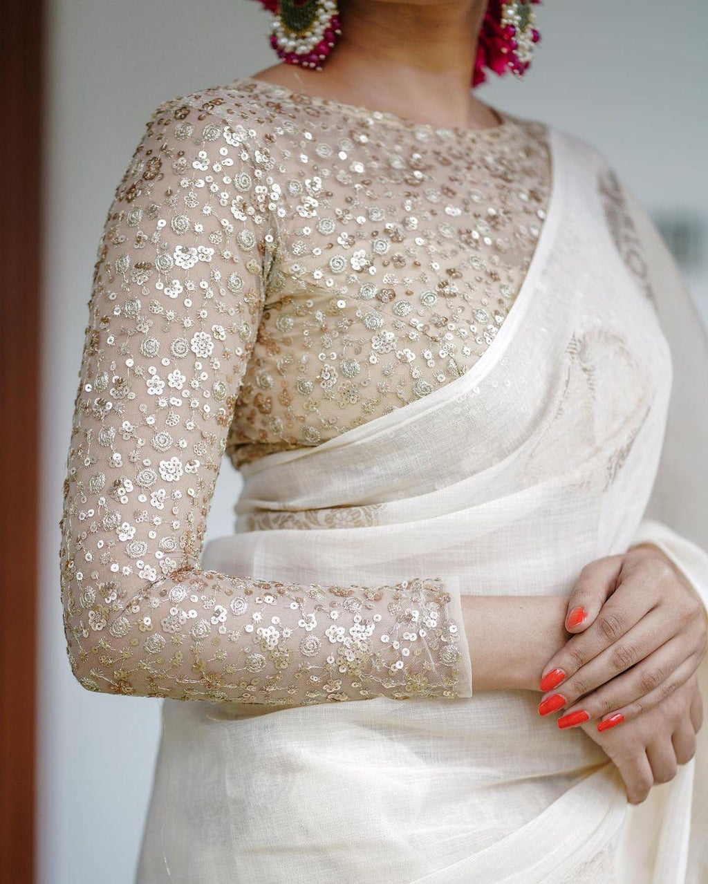 White Pure Linen Woven Zari Saree with Heavy Embroidered Blouse