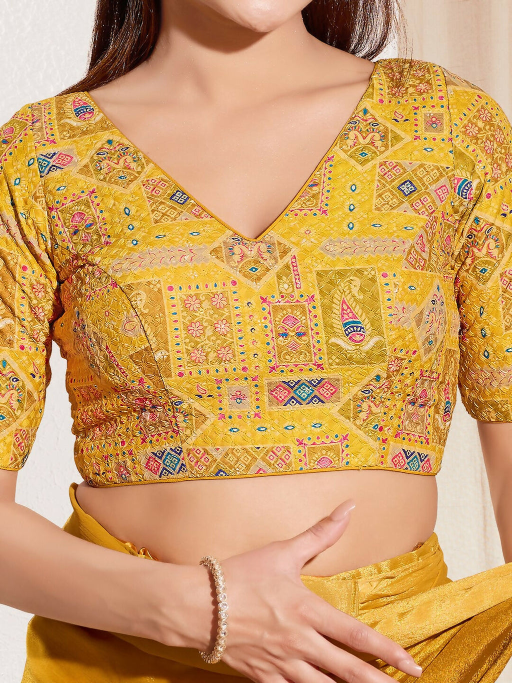 Yellow Viscose Rayon Padded Blouse with V Neck and Elbow Sleeves