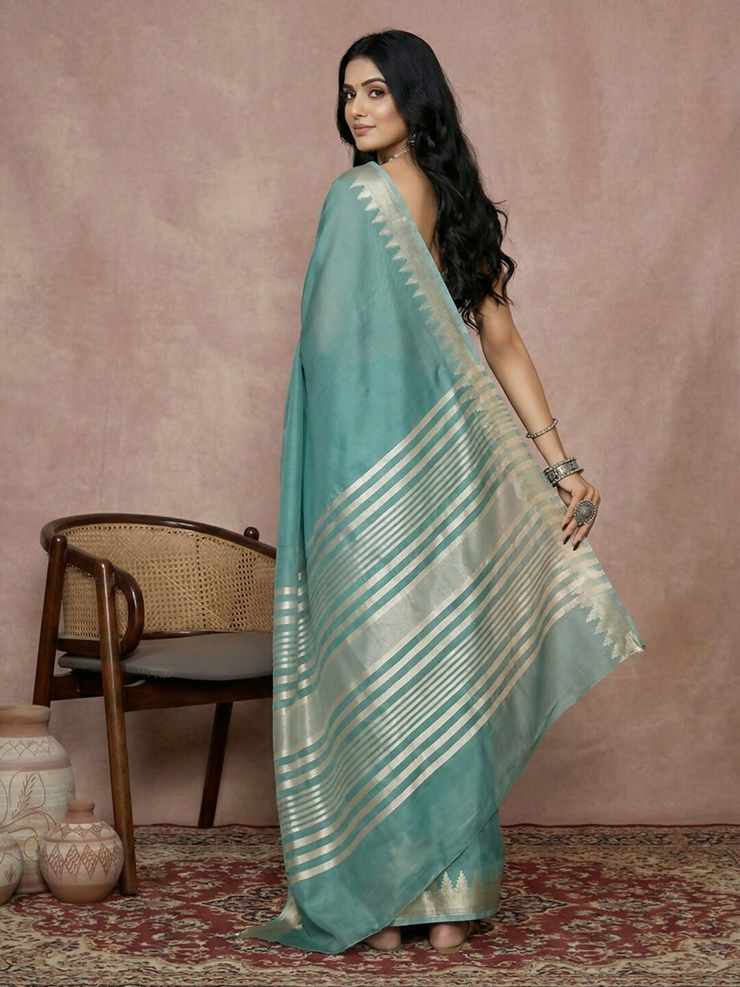 Teal Cotton Saree with Coordinating Blouse Piece