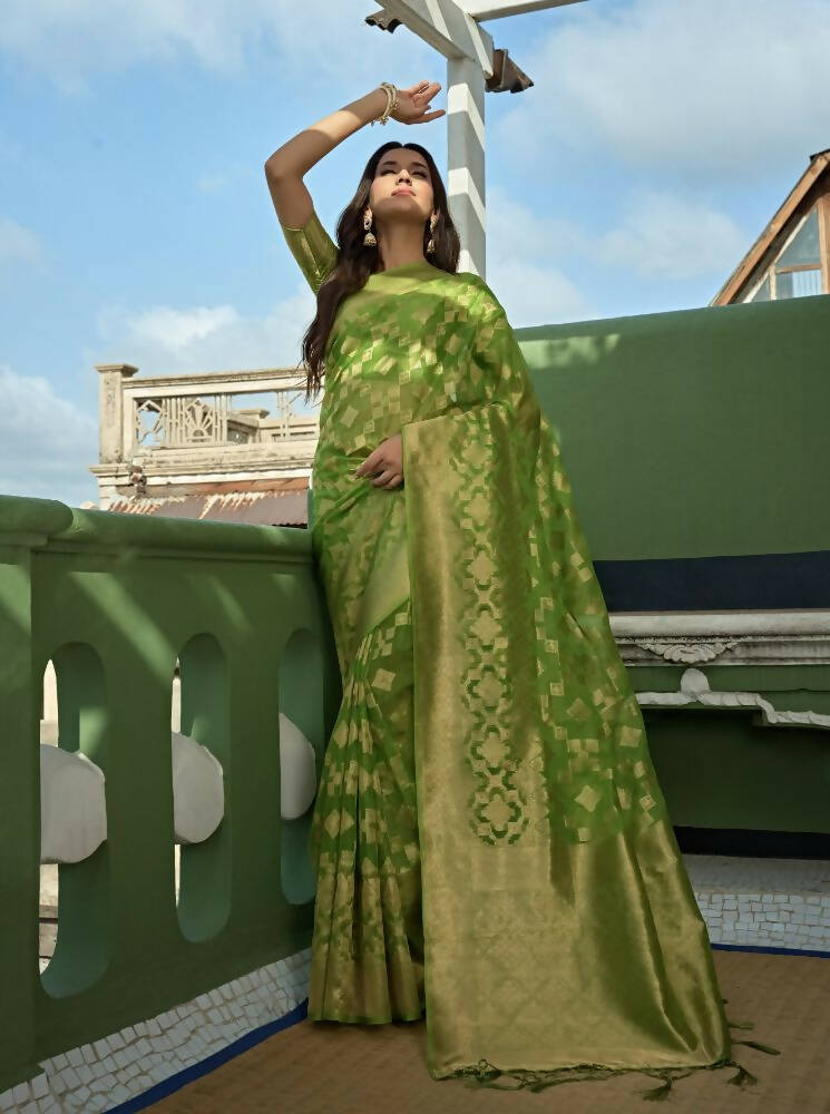 Glamorous Parrot Green Organza Silk Saree with Intricate Weaving