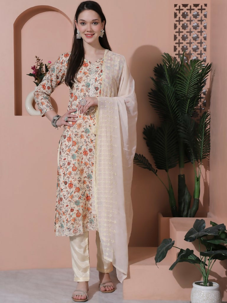 Beige cotton floral digital printed straight kurta with matching trousers and dupatta