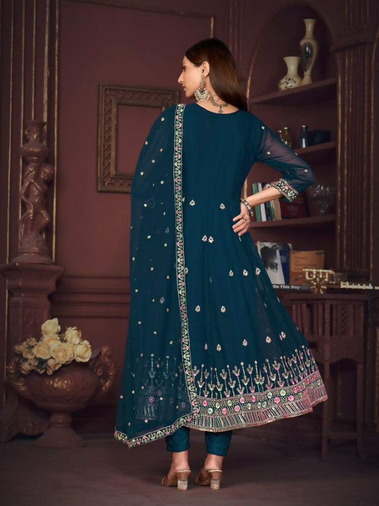 Women's Rama Georgette Floral Embroidered Anarkali Kurta Set