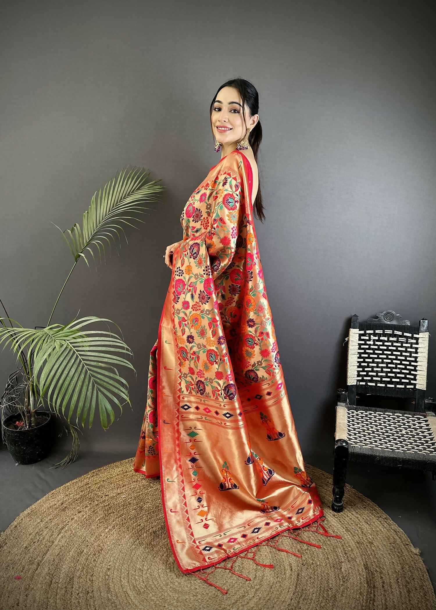 Orange Soft Silk Paithani Saree with Floral & Peacock Motifs
