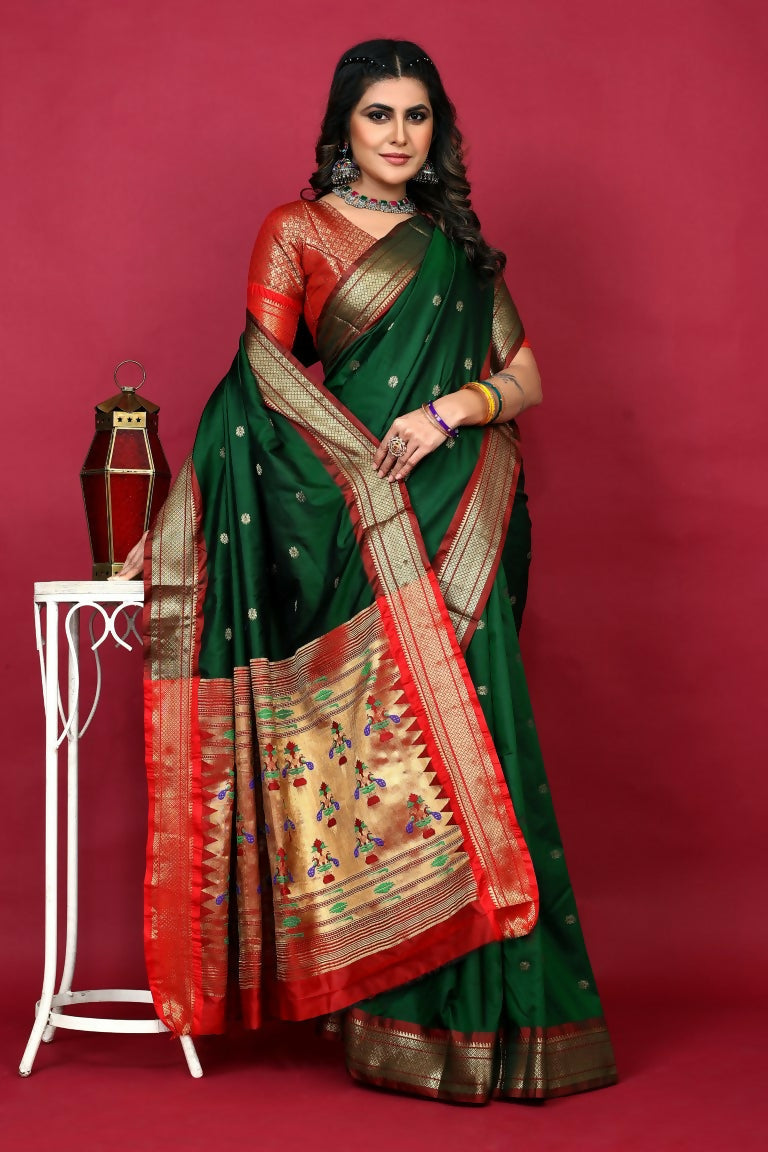 Bottle Green Paithani Silk Saree with Zari weaving and a contrasting red blouse