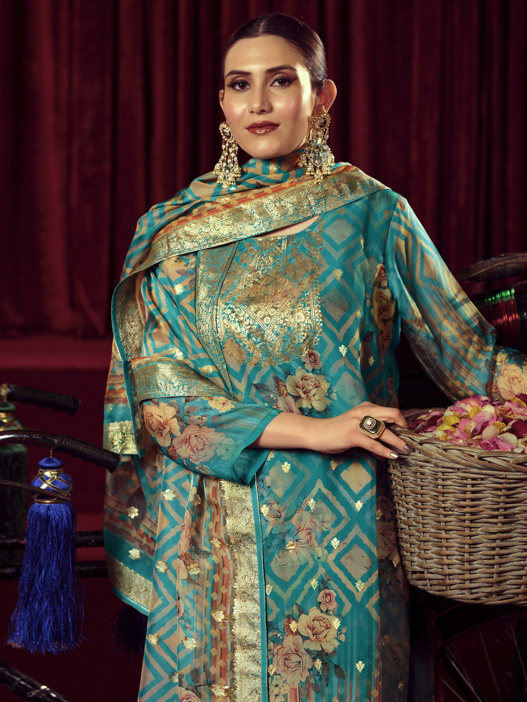 Turquoise Organza Jacquard Woven Kurta Set with Dupatta