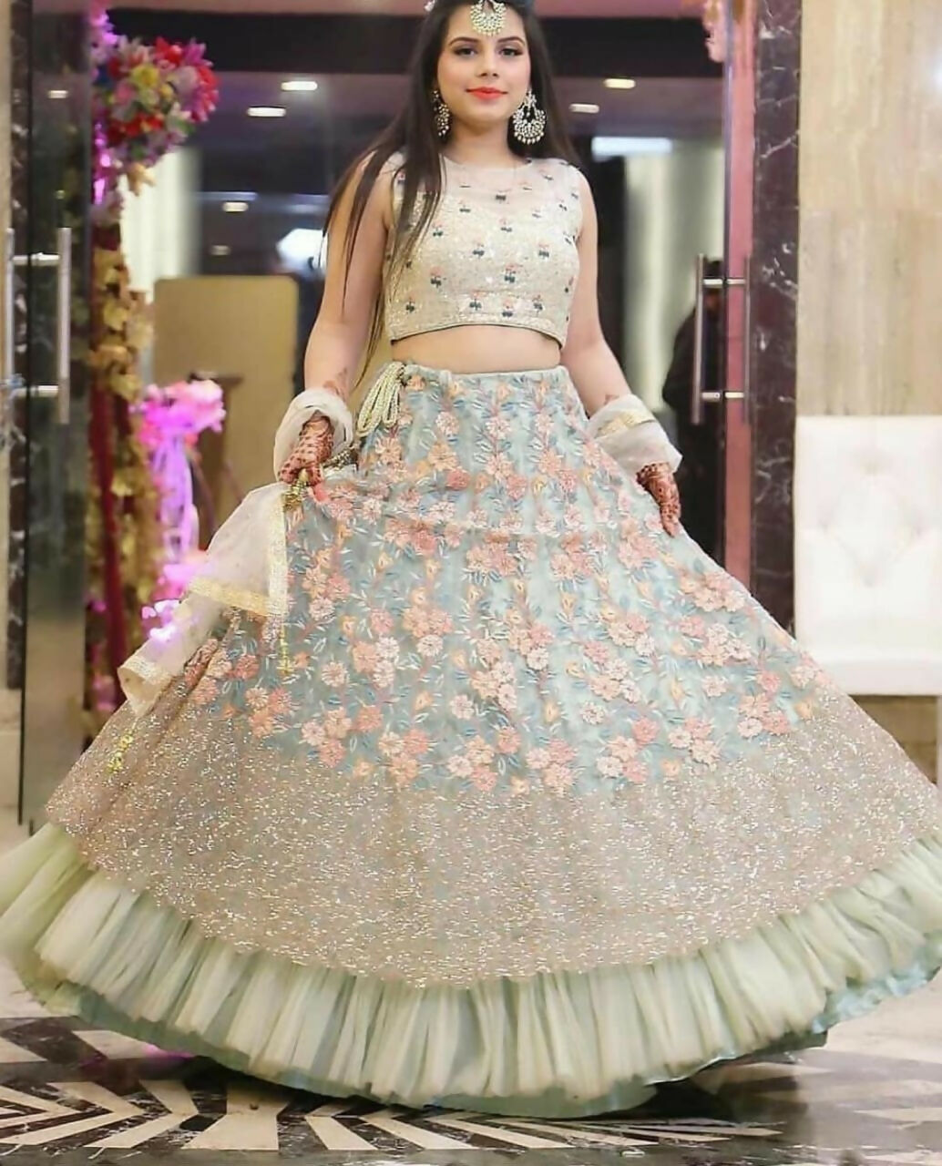 Sea Green Net lehenga choli with thread and jari embroidery