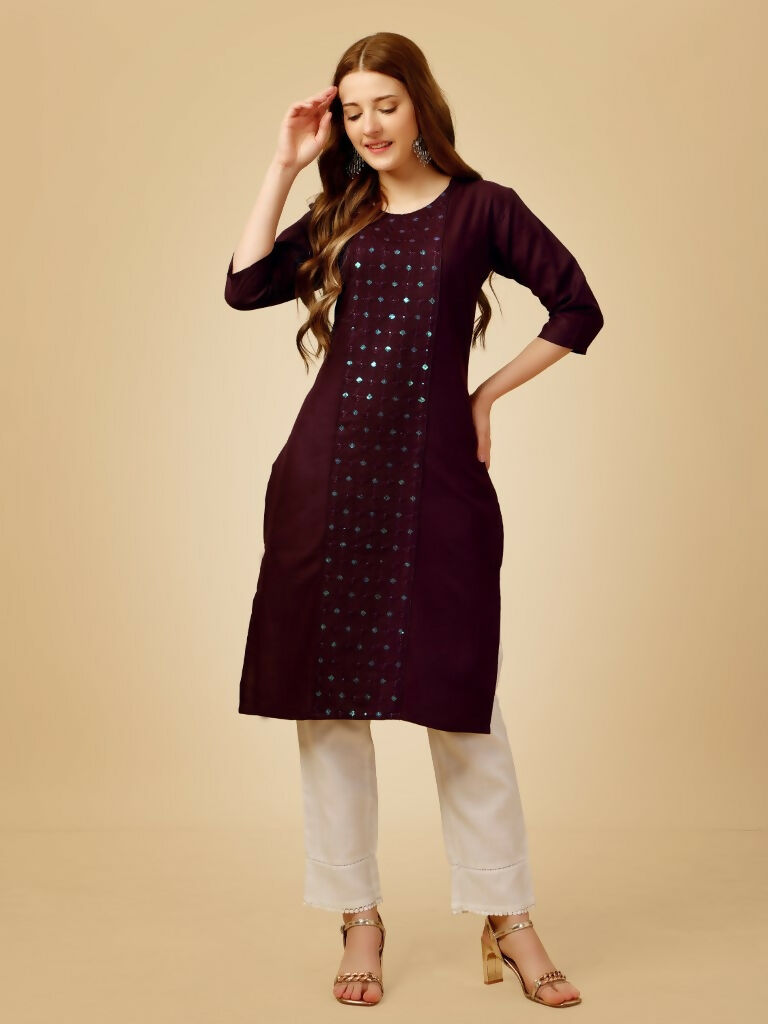 Women's Wine Cotton Blend Embroidered Kurta and Pant Set