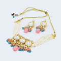 Multicolor Kundan stone necklace with adjustable cord and gold-plated detail
