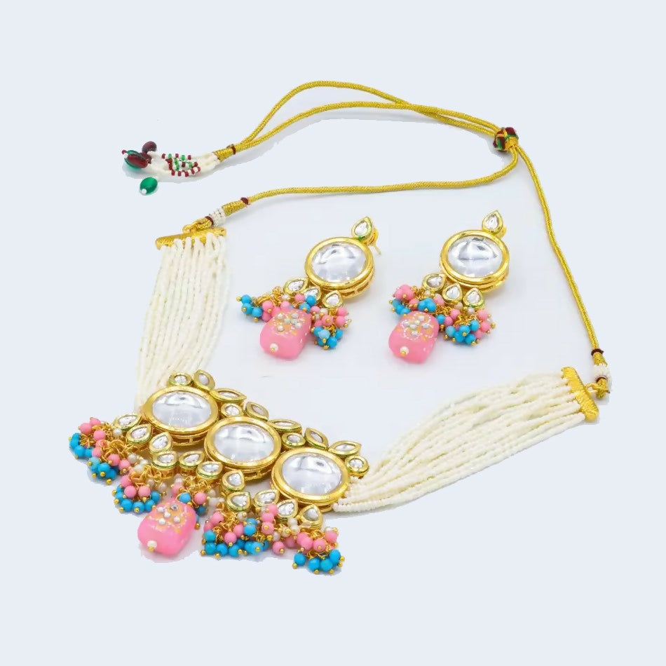 Multicolor Kundan stone necklace with adjustable cord and gold-plated detail