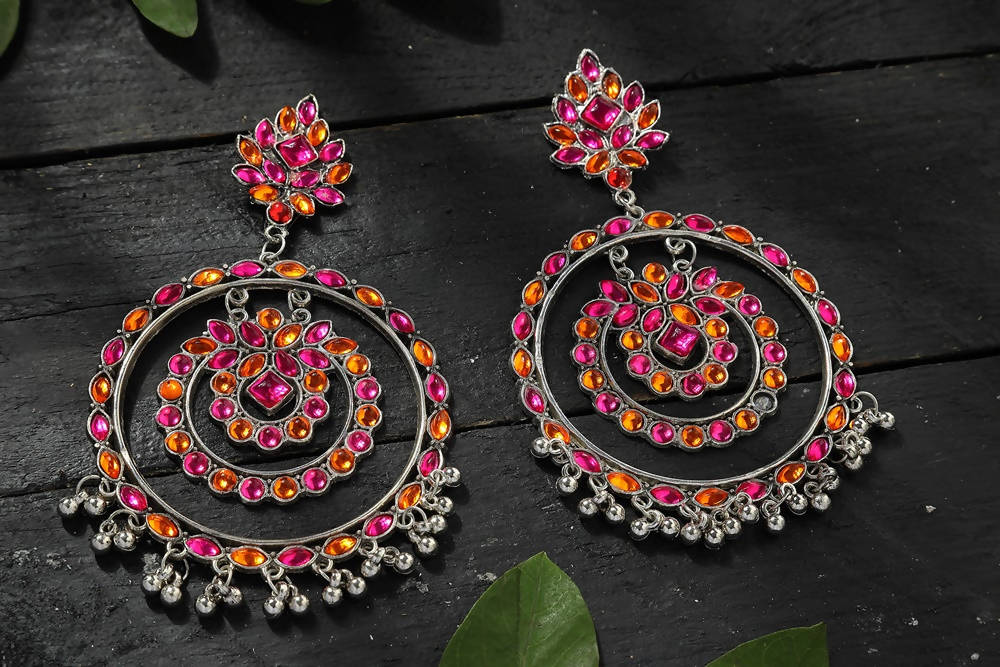 Pink & Orange Kundan Circle Earrings for Traditional Indian Wear