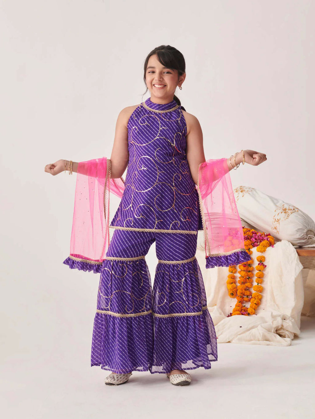 Girl's Blue Georgette Sharara Set with Net Dupatta