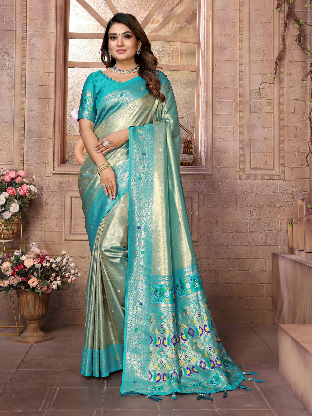 Sea Green Banarasi Tissue Silk Saree with delicate weaving