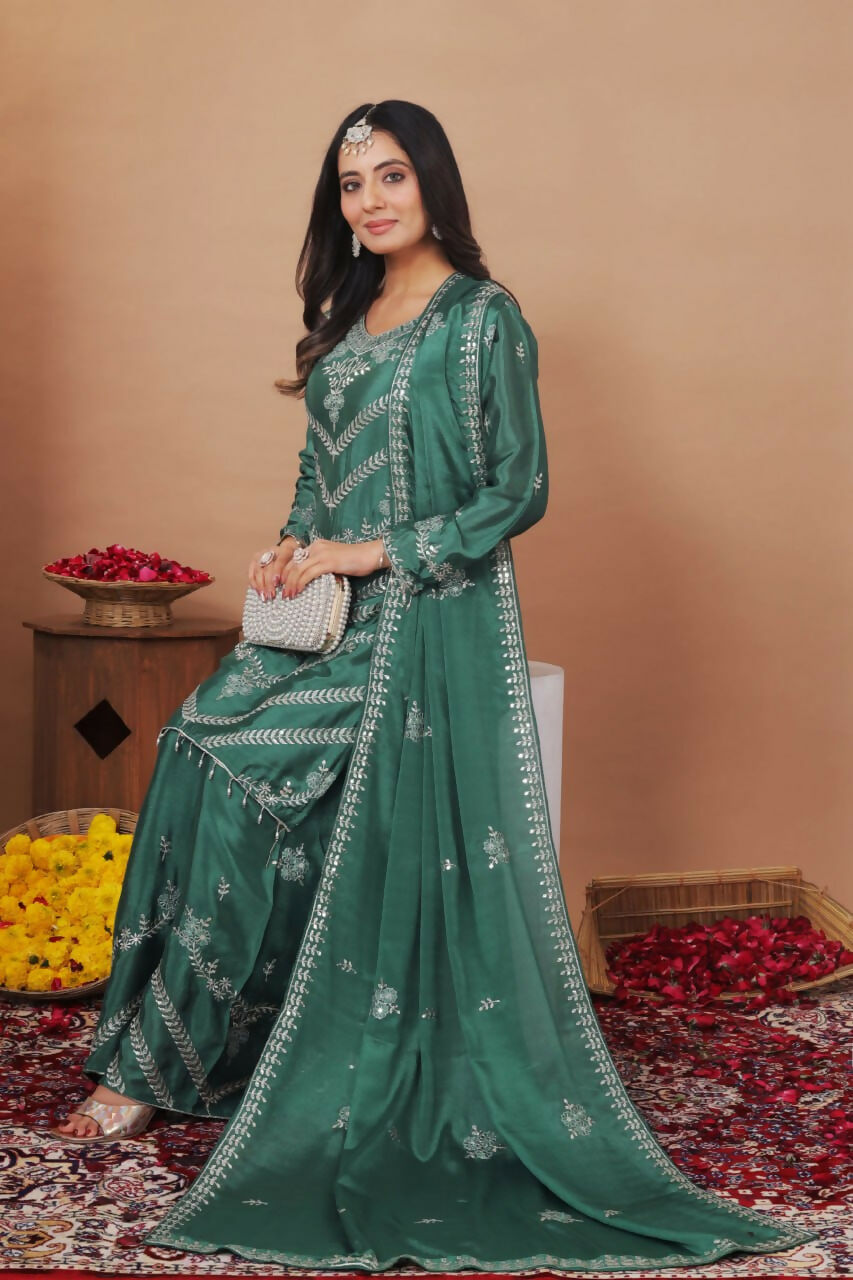 Green Silk Embroidered Sharara Set with Intricate Detailing