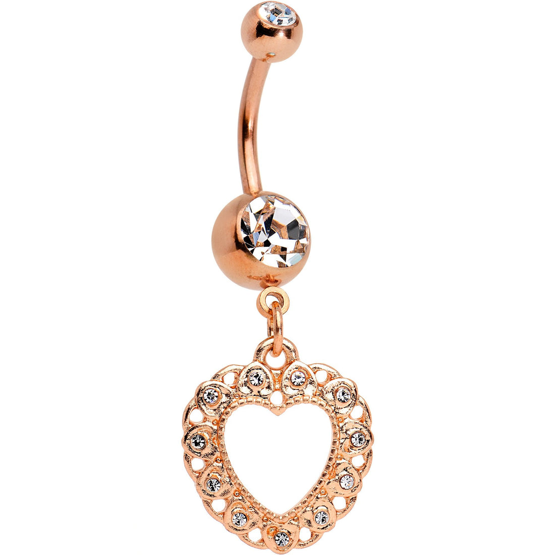 Clear Gem Rose Gold Tone Anodized Lacey Hollow Heart Dangle Belly Ring