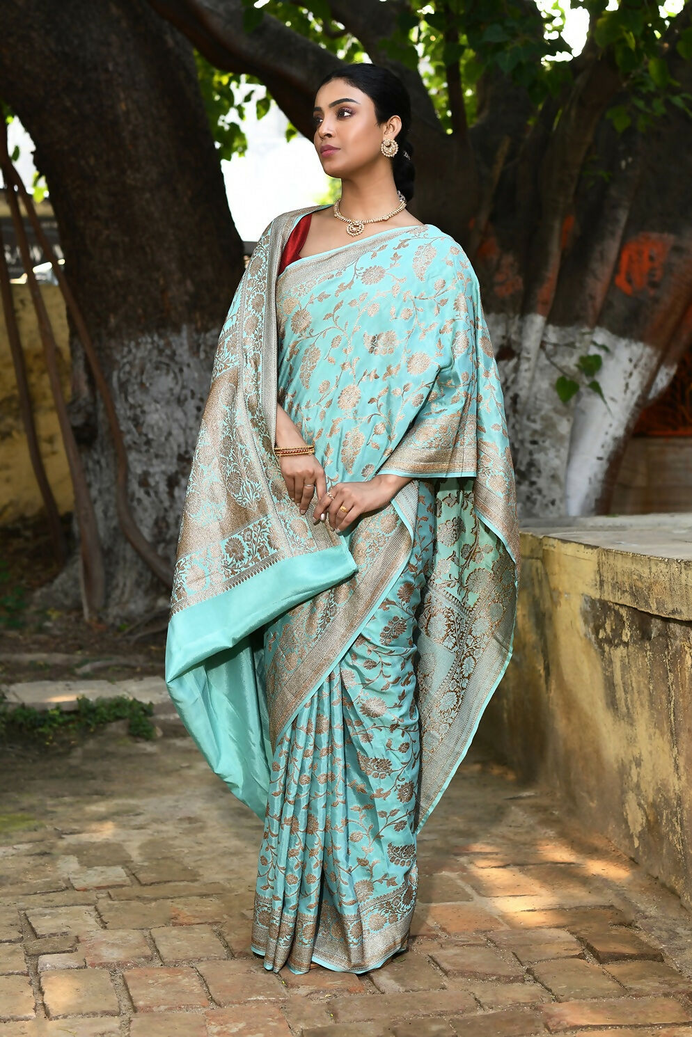 Aqua Crepe Chiffon Handloom Banarasi Silk Saree for Wedding