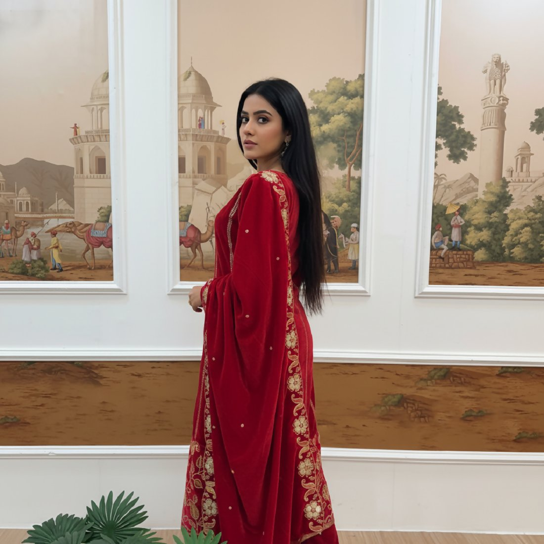 Red Velvet Kurta Set with Embroidery and Sequence Work
