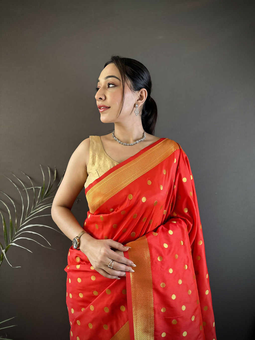 Red Polka Dot Lichi Silk Paithani Saree with Matching Blouse