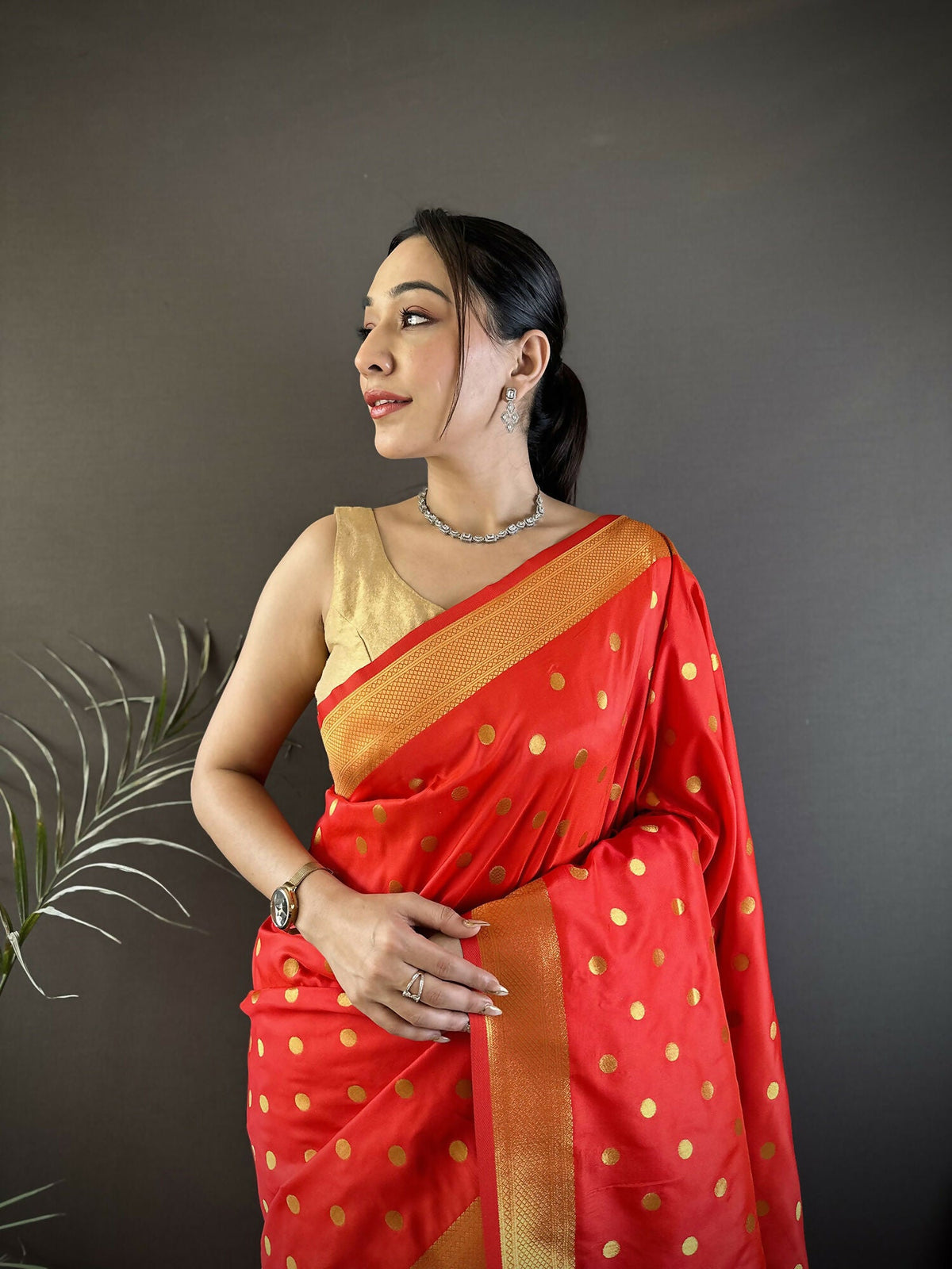 Red Polka Dot Lichi Silk Paithani Saree with Matching Blouse