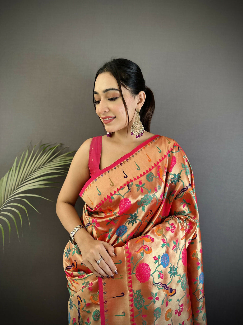 Pastel Red Mughal-Inspired Soft Silk Paithani Saree
