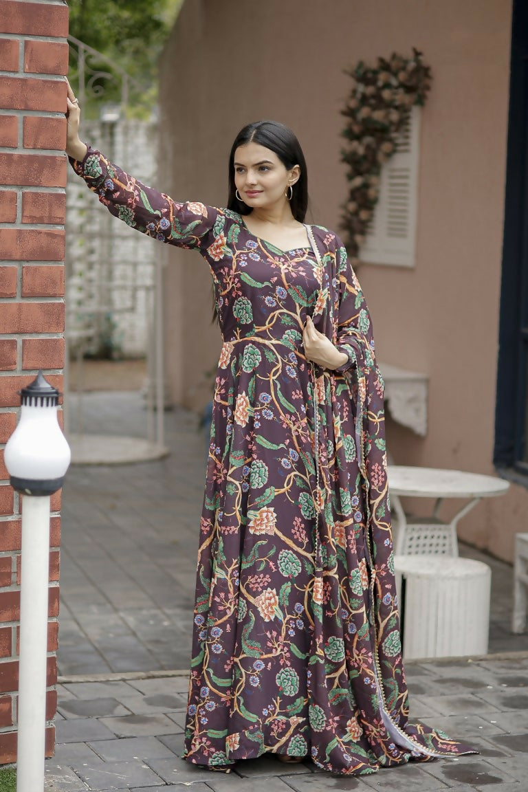 Coffee floral digital printed Faux Georgette Anarkali dress with matching dupatta