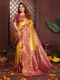 Aastha Fashion Gold Tissue Silk Weaving Saree with elegant gold weave and contrasting maroon blouse