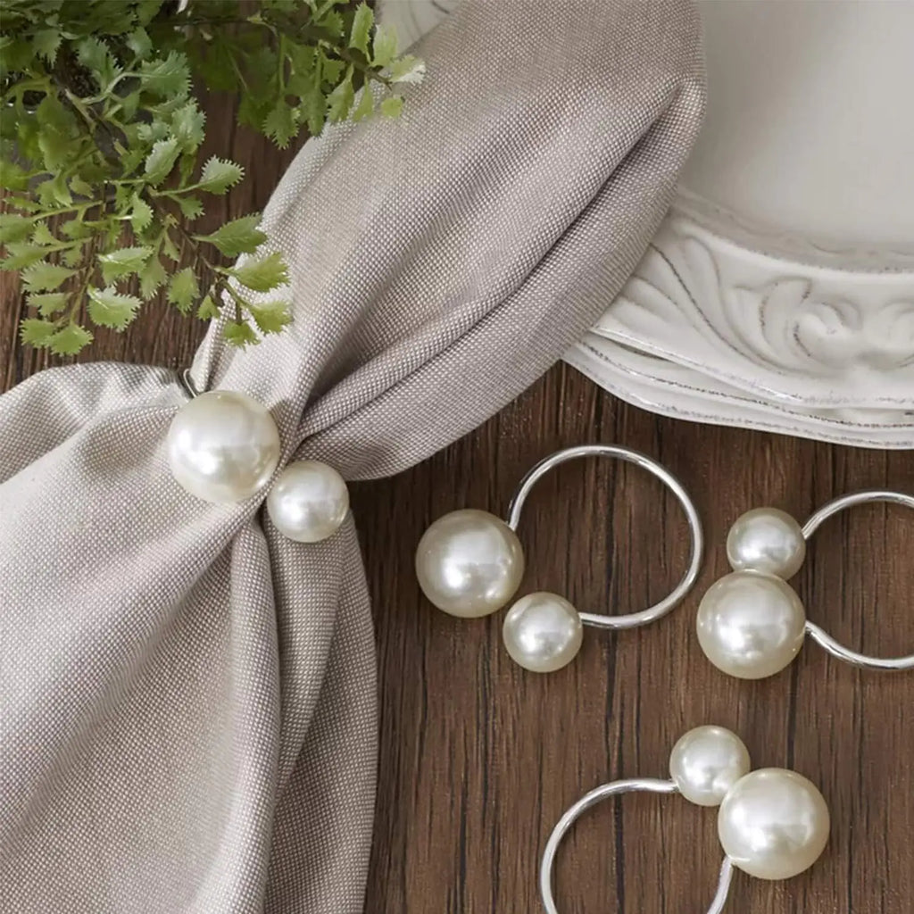 Pearl Napkin Rings Set of 6Silver Napkin Holder Dinning Table Setting Rustic Dinner Tables Decoration for Wedding ReceptionsThanksgiving Day Holiday Party Dinner Parties (Round-Silver)