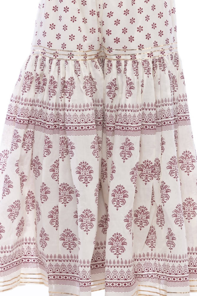 Cotton Block Print Palazzo Pants with Lace Work in Magenta