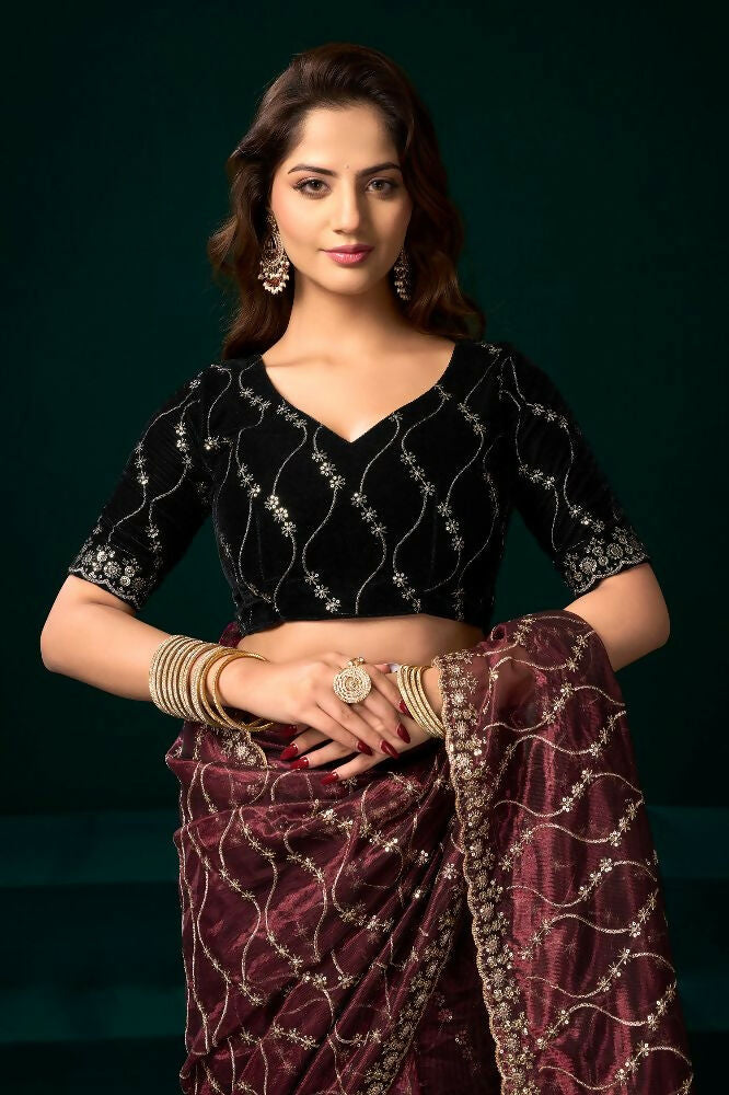 Maroon Net Party Wear Saree with Black Velvet Blouse
