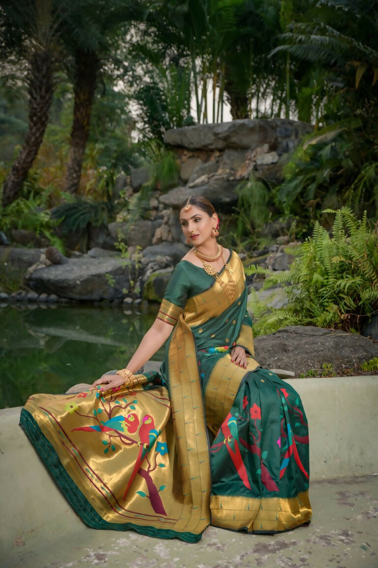 Bottle Green Paithani Silk Zari Woven Saree with Matching Blouse