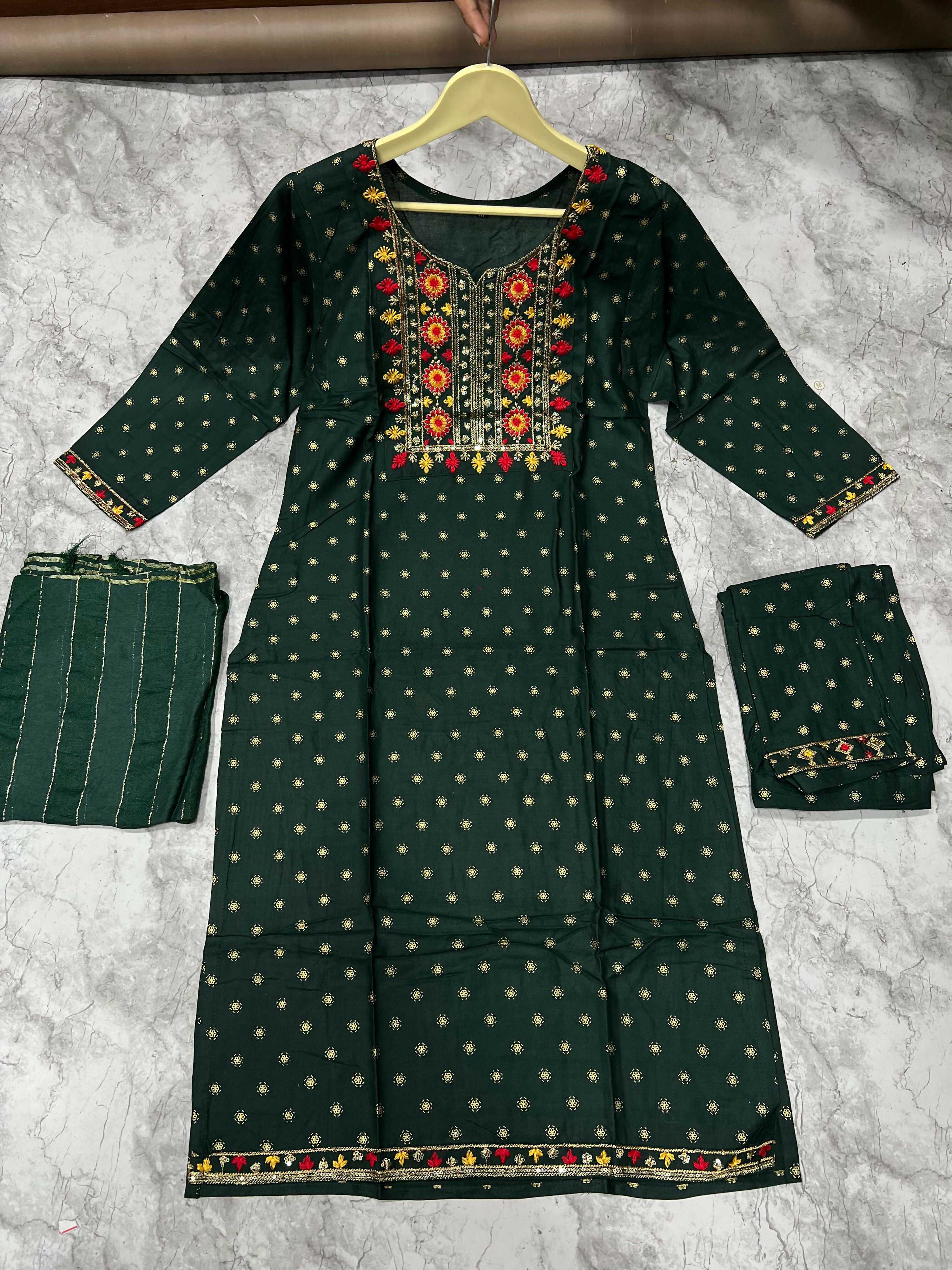 Bottle Green 14KG Rayon Foil Print Kurta Set with Embroidery