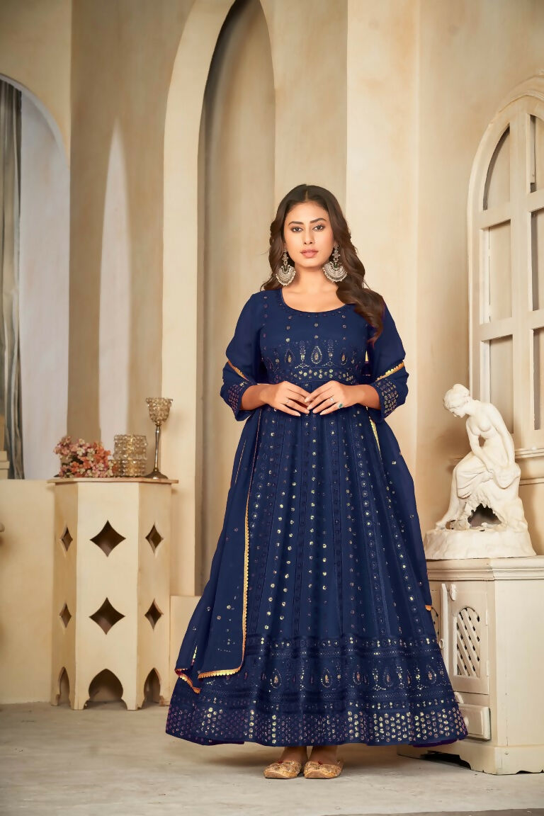 Blue Georgette Embroidered Anarkali Kurta Pant Set with Dupatta