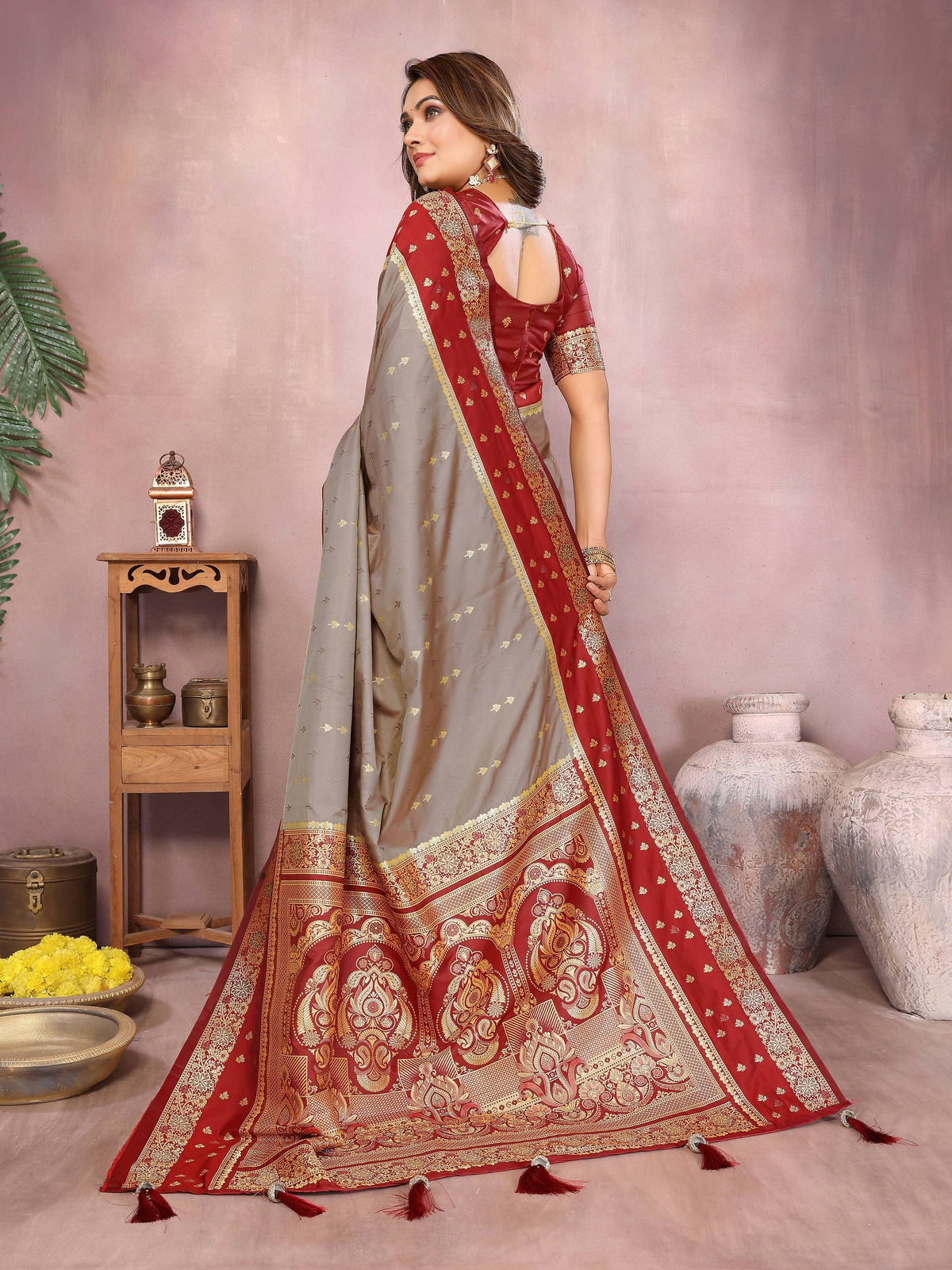 Grey Kalamkari Silk Saree with Zari Woven Border and Red Blouse