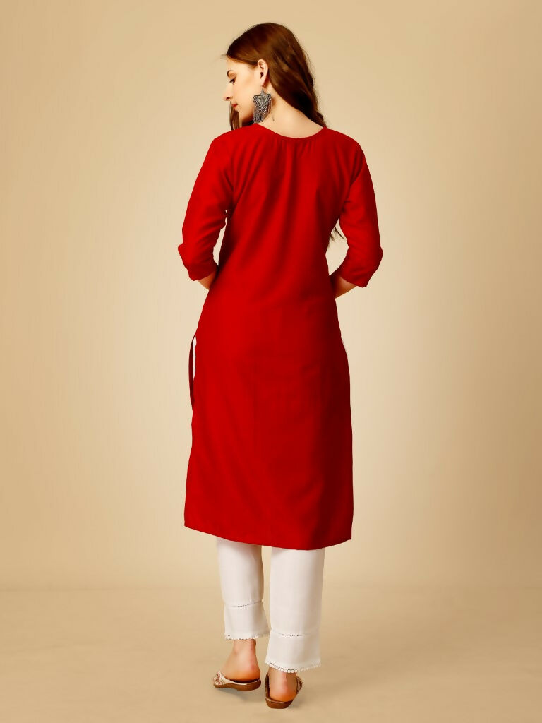 Women's Red Cotton Blend Embroidered Kurta Pant Set