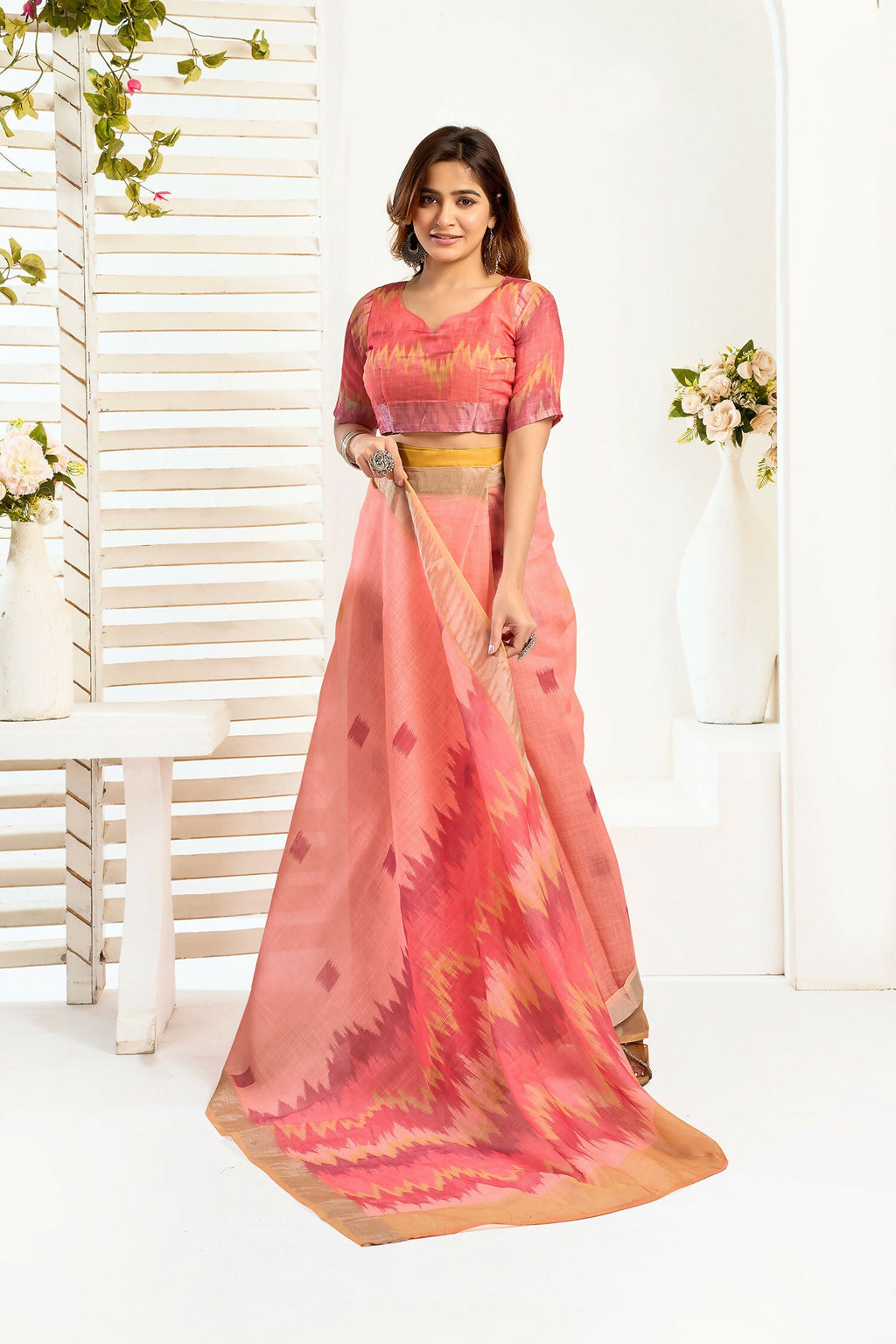 Peach Ikkat Print Linen Ready To Wear Saree with Blouse Piece