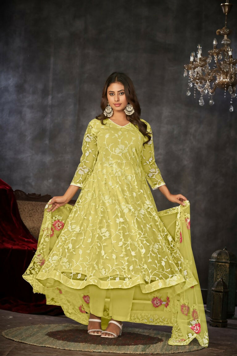 Yellow Embroidered Net Anarkali Kurta Pant Set with Dupatta