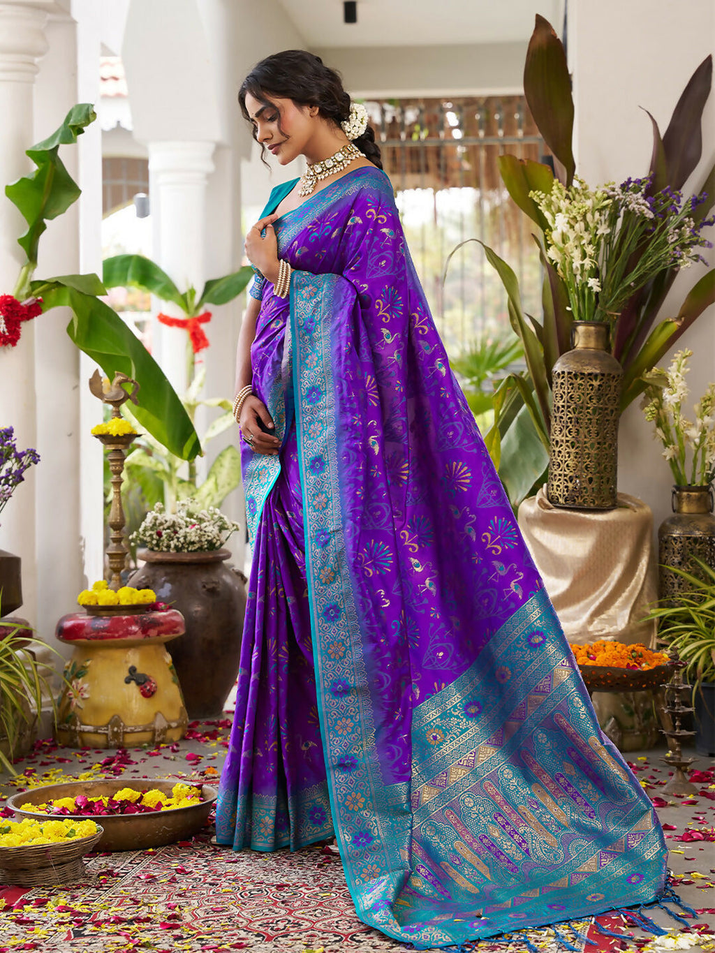 Violet Soft Silk Saree with Teal Blue Blouse for Elegant Occasions