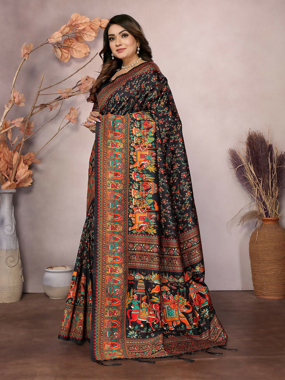 Joban Fashion Black Meena Weaves Pashmina Sarees