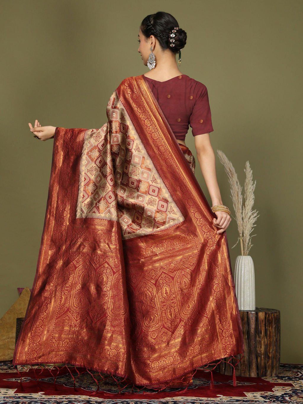 Cream Lichi Silk Saree with Red Blouse