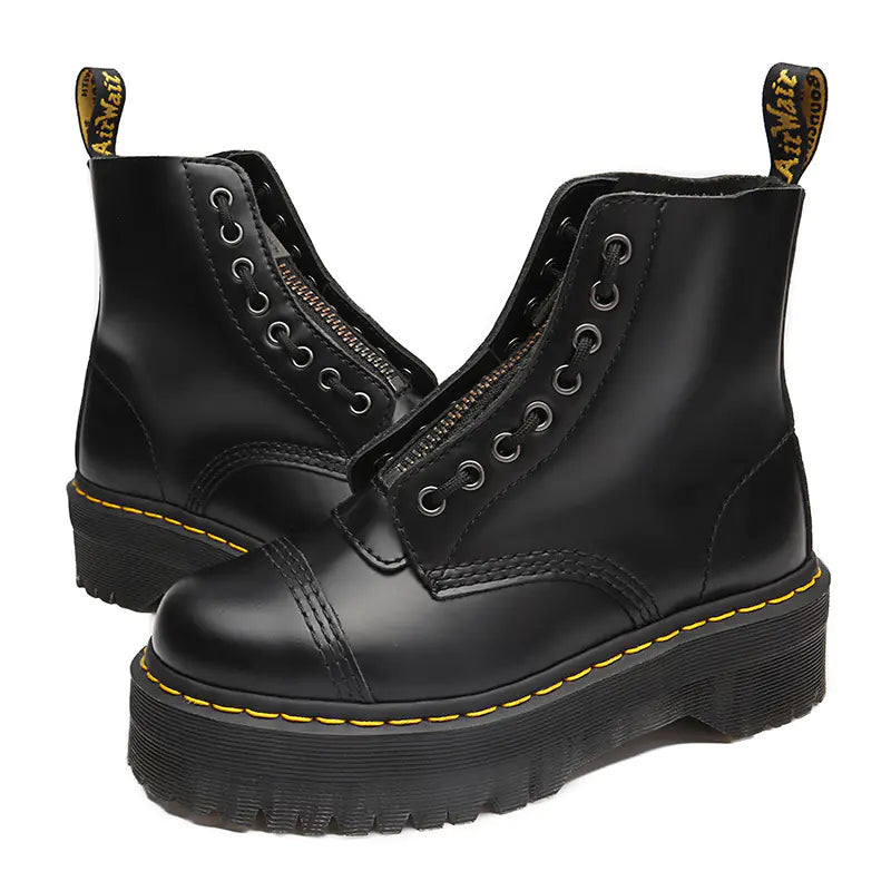 Women's Black Leather Platform Boots with Front Zip Closure - Image 5