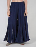 Navy blue flared palazzo pants with elegant mirror lace work and comfortable wide-leg fit