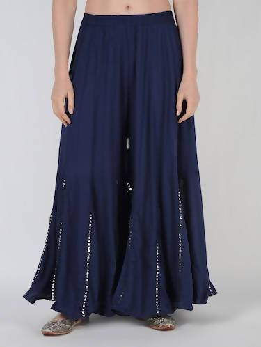 Navy blue flared palazzo pants with elegant mirror lace work and comfortable wide-leg fit