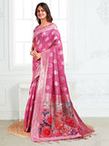 Elegant Pink Linen Cotton Saree with matching blouse piece