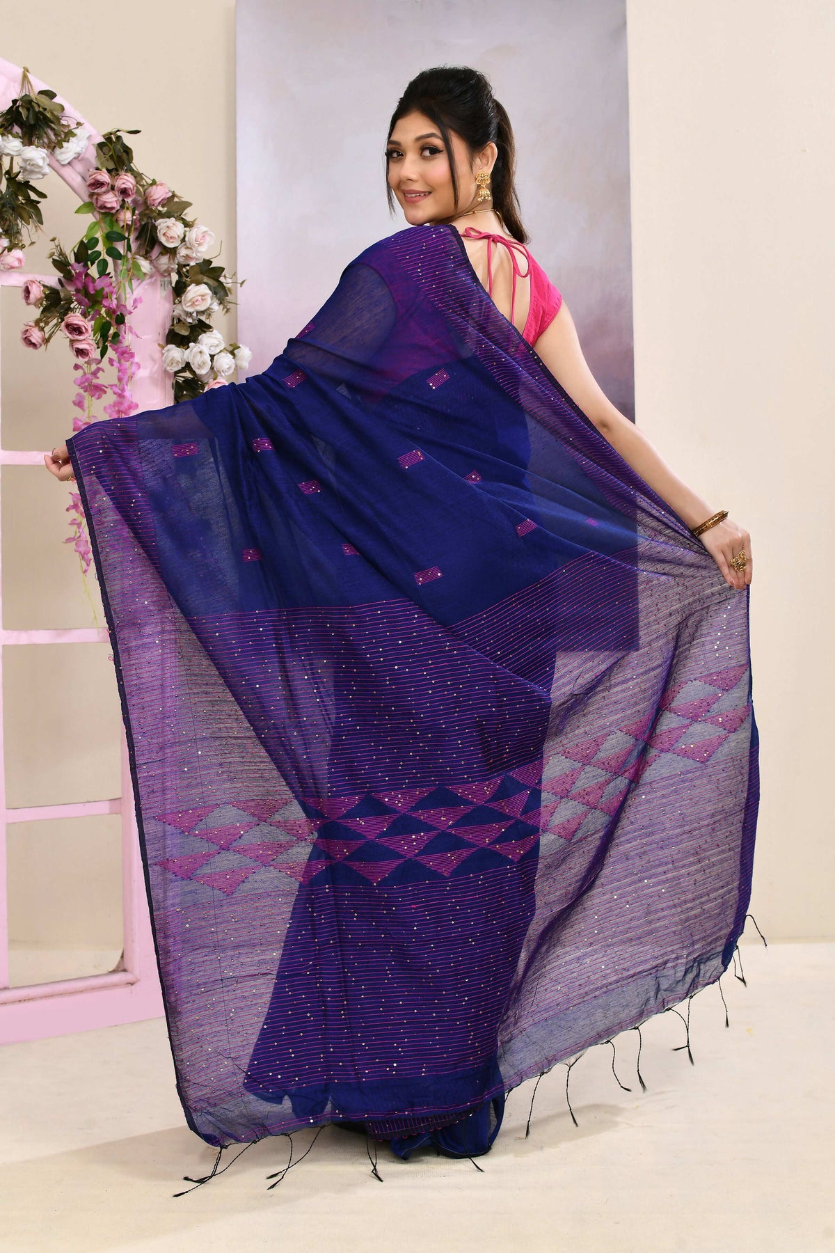Women's Blue Jamdani Saree with Sequins and Cotton Blend