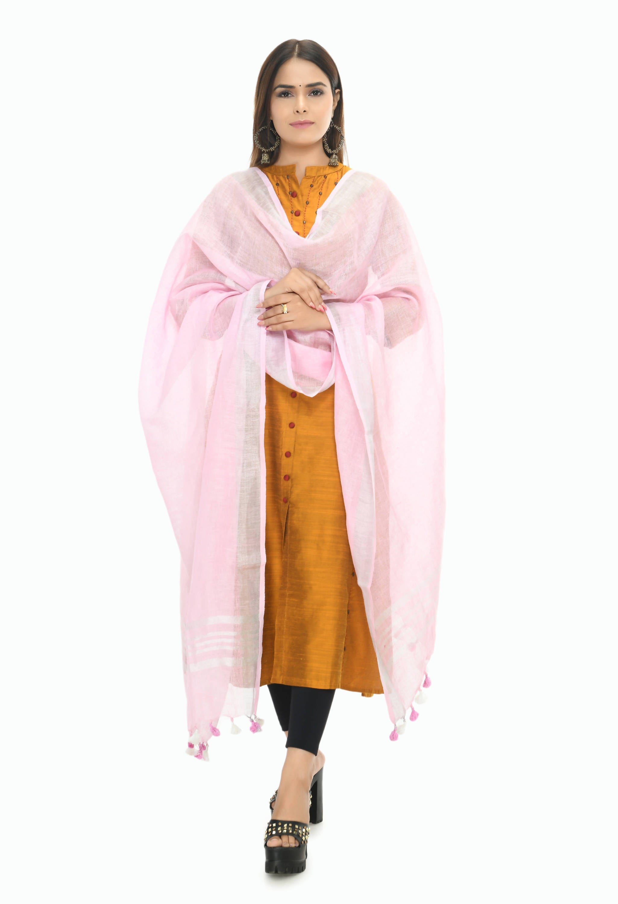 Soft baby pink linen dupatta draped elegantly over a toddler's ethnic outfit